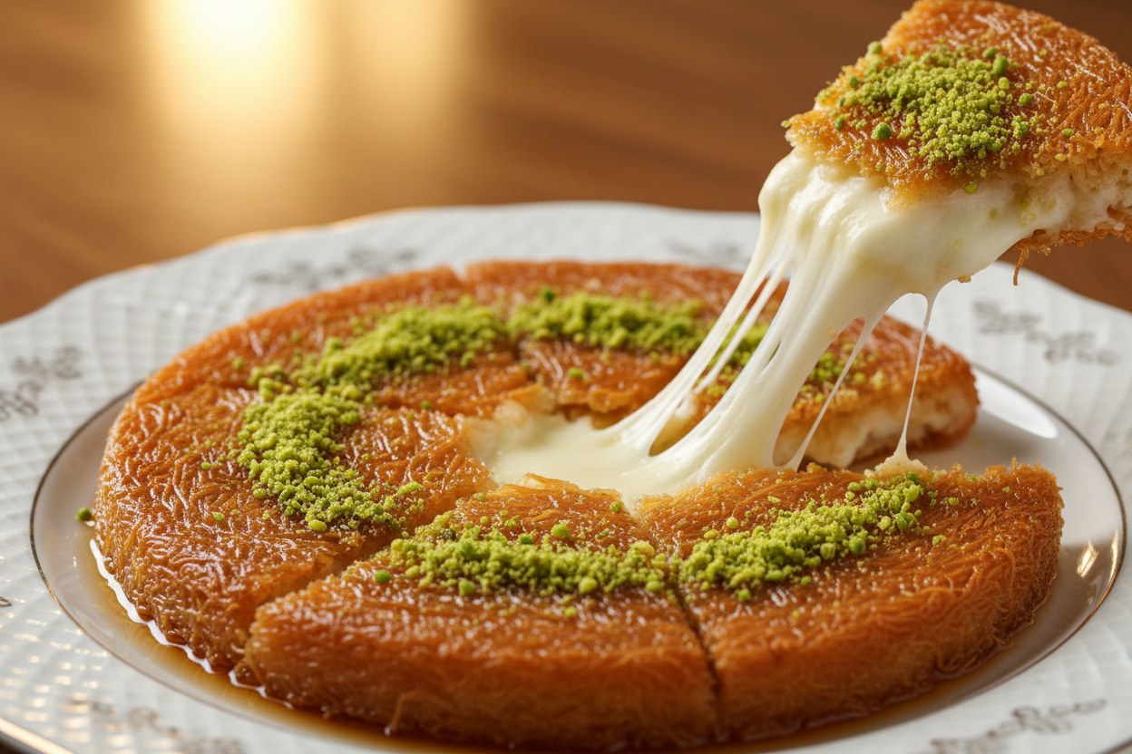 Kaymaklı ekmek kadayıfı, altın rengi şuruplu